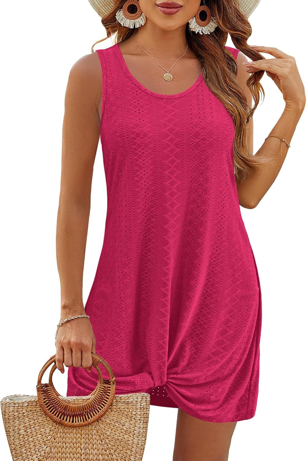 Summer Hollow Out Vacation Tank Dress with Knot Detail