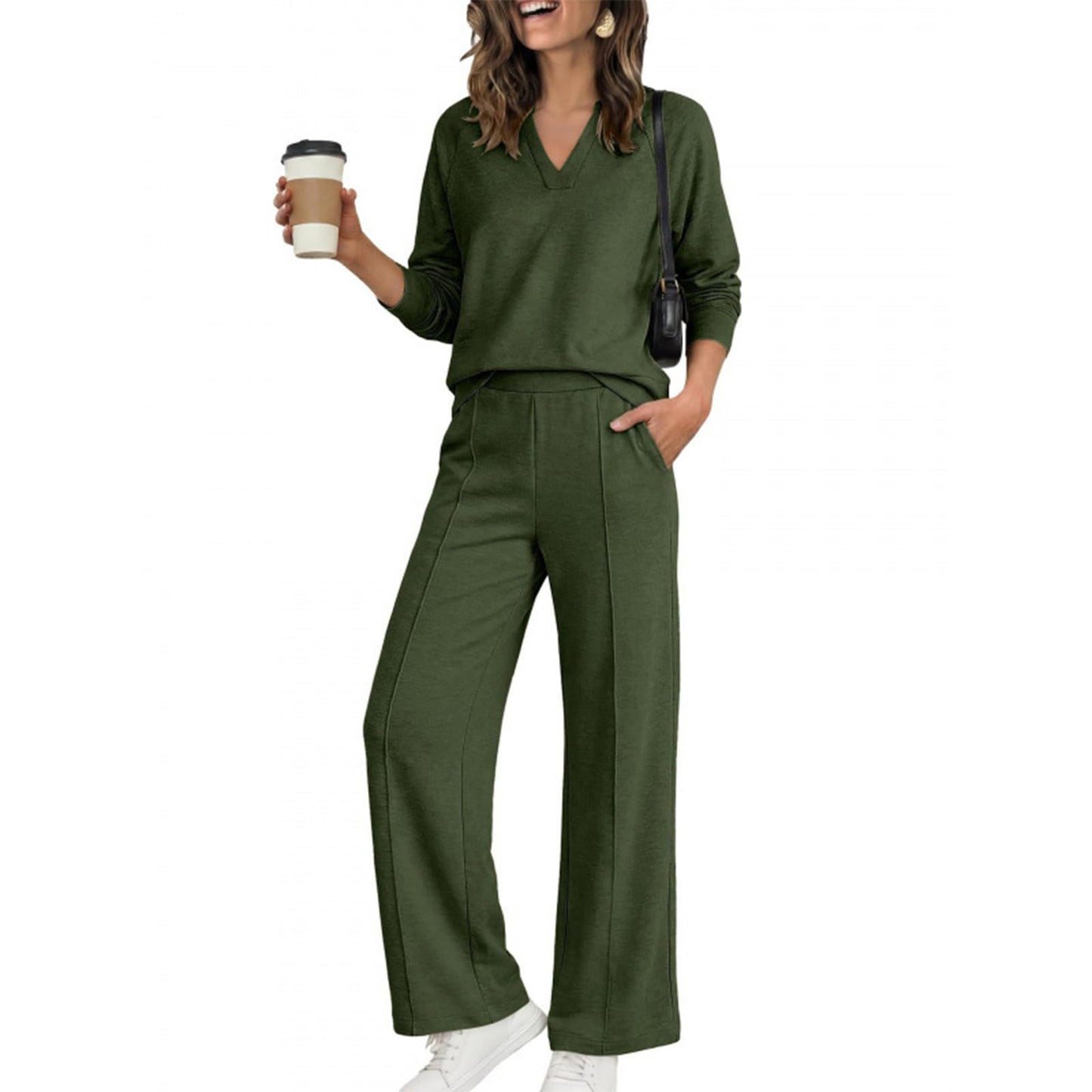 Women's V-Neck Top Wide Leg Pants 2 Piece Set