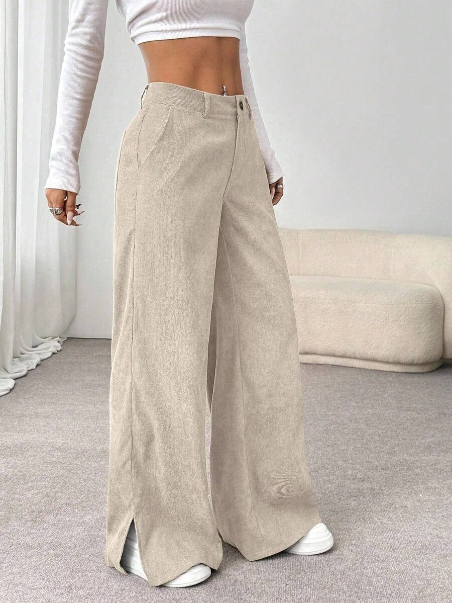 Women's Corduroy Wide Leg Pants Split Hem Casual Trousers