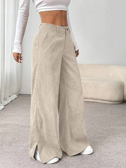 Women's Corduroy Wide Leg Pants Split Hem Casual Trousers