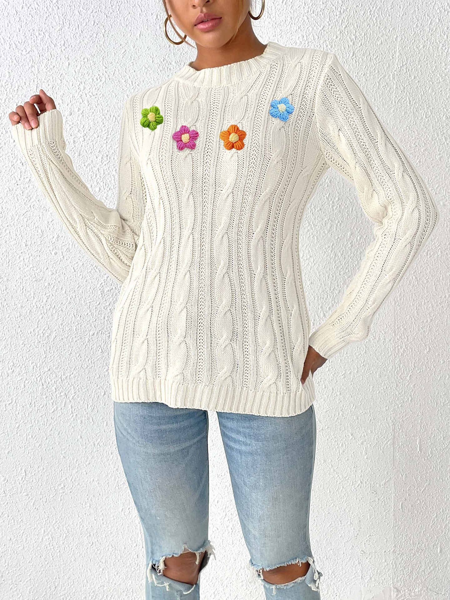 Crochet Flower Cable Knit Sweater | Cozy Fall/Winter Top