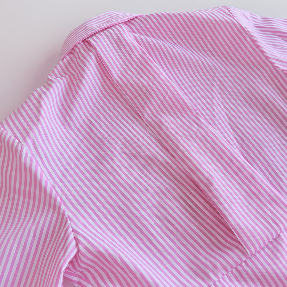 Women's Striped Tie Waist Long Sleeve Button Down Shirt