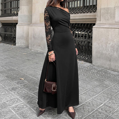 Sexy Black Lace One Shoulder Long Sleeve Maxi Dress