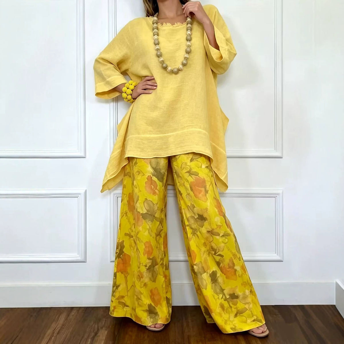 Women's Linen Set Asymmetric Top & Floral Wide Leg Pants
