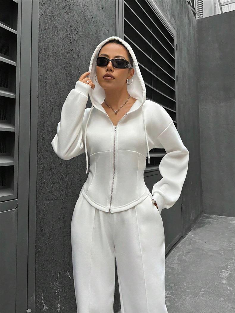 Fitted Zip Hoodie Wide Leg Sweatpants Two Piece Set