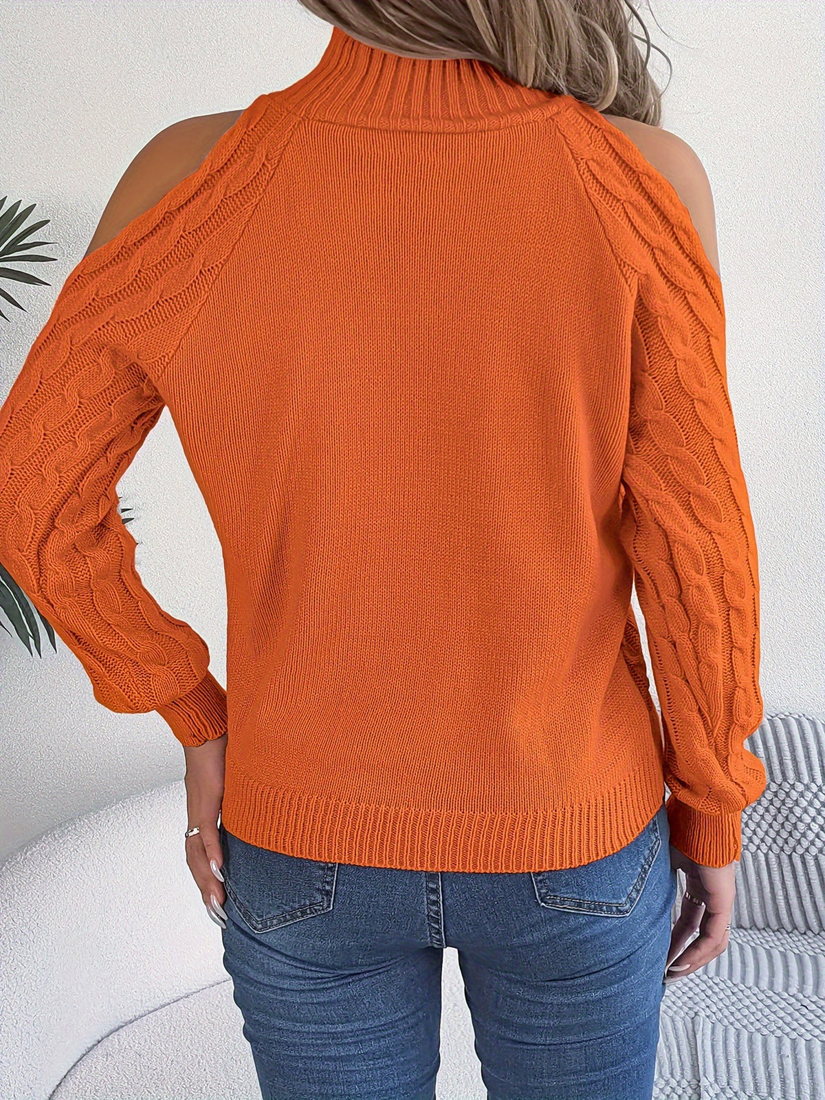 Women's Cold Shoulder Cable Knit Mock Neck Sweater