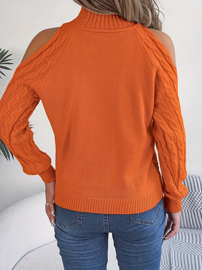 Women's Cold Shoulder Cable Knit Mock Neck Sweater