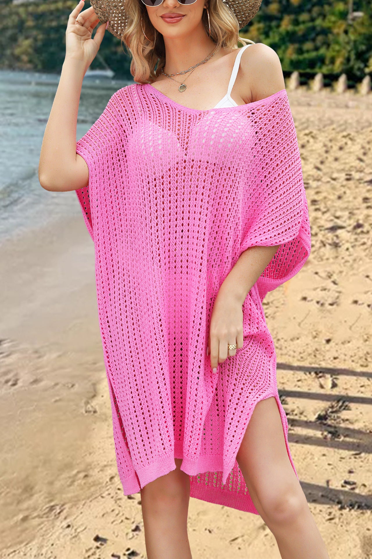 Crochet Swim Cover Up Dress V Neck Beach Knit Coverup