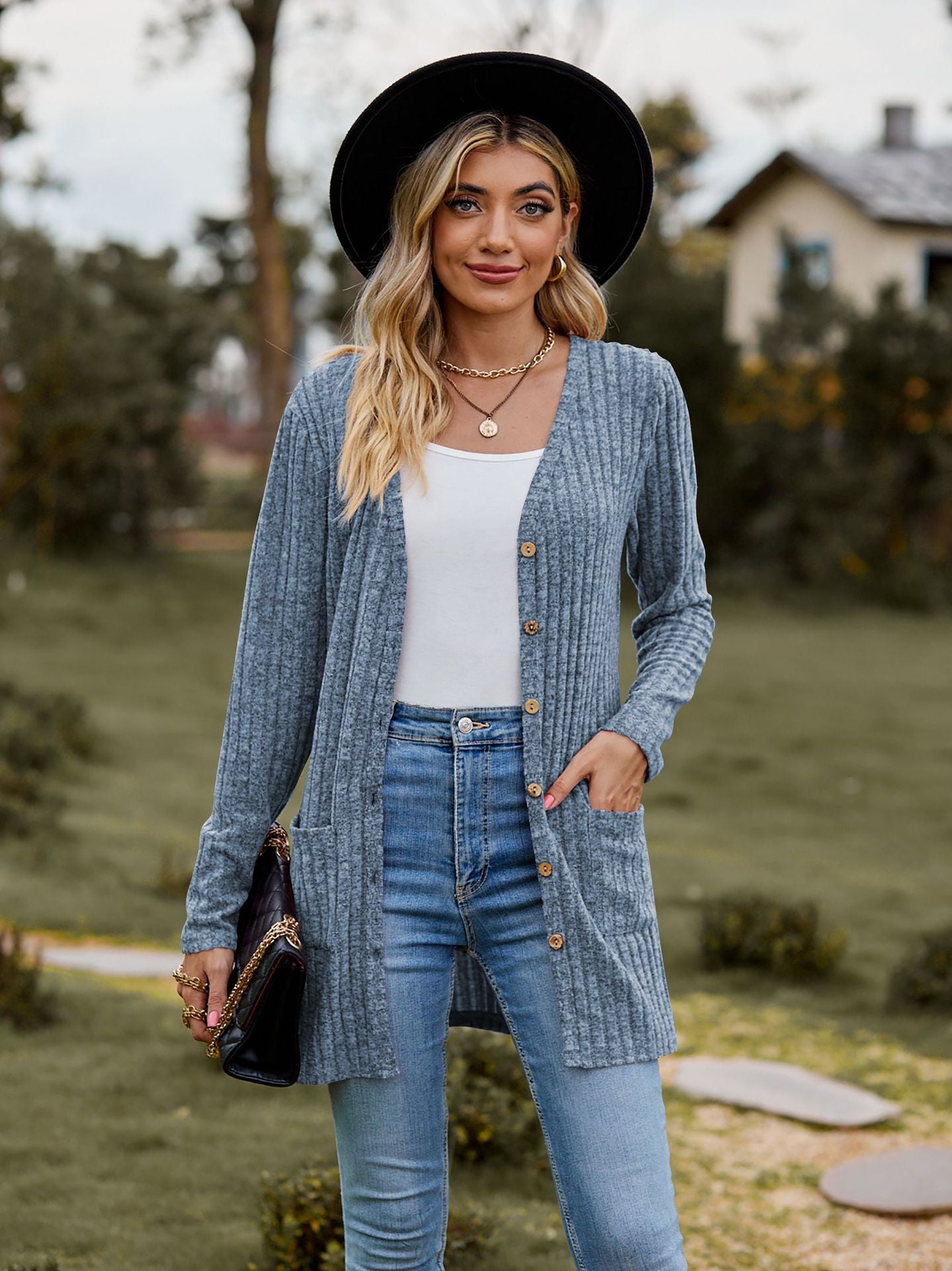 Ribbed Knit Cardigan Long Sleeve Button Pocket Sweater