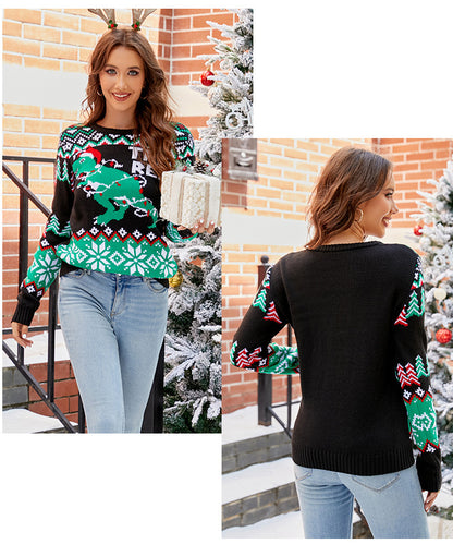 Funny Dinosaur Christmas Sweater Women Holiday Pullover