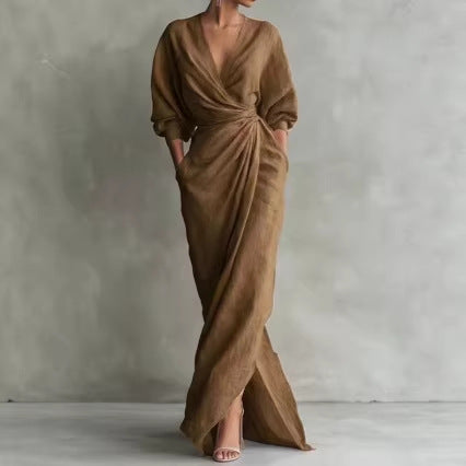 V-Neck Long Sleeve Tie Waist Slit Maxi Dress