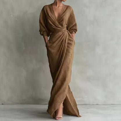 V-Neck Long Sleeve Tie Waist Slit Maxi Dress