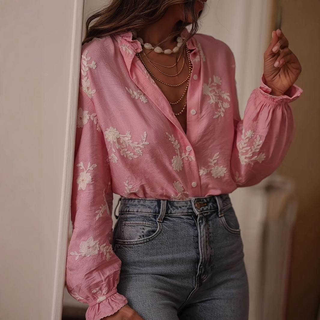 Women's Embroidered Floral Balloon Sleeve Button Down Blouse