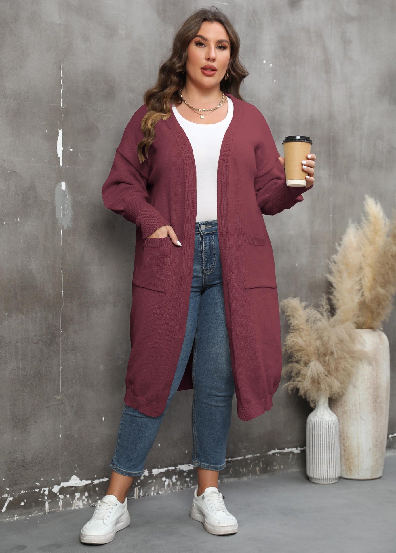 Loose Medium and Long Double Pocket Lantern Sleeve Sweater Cardigan