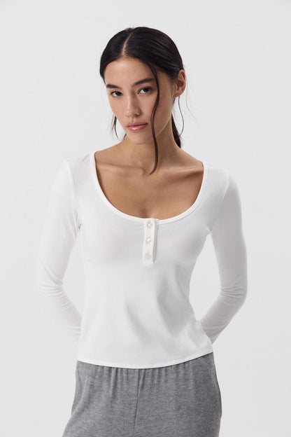Women's Soft Modal U-Neck Button Fitted Long Sleeve Top