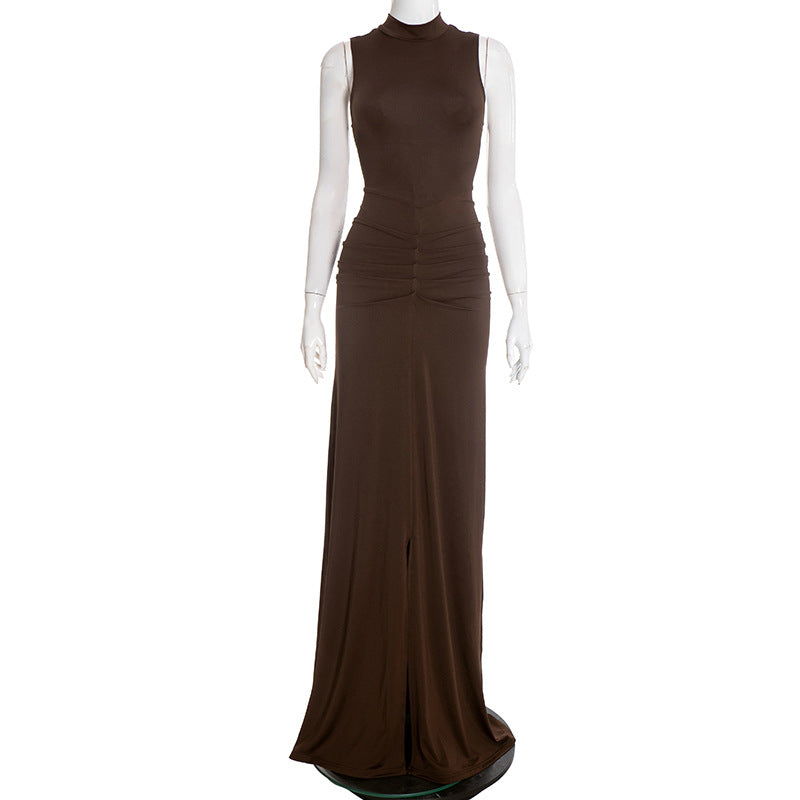 Women's Mock Neck Sleeveless Ruched Bodycon Maxi Dress