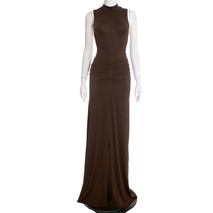 Women's Mock Neck Sleeveless Ruched Bodycon Maxi Dress