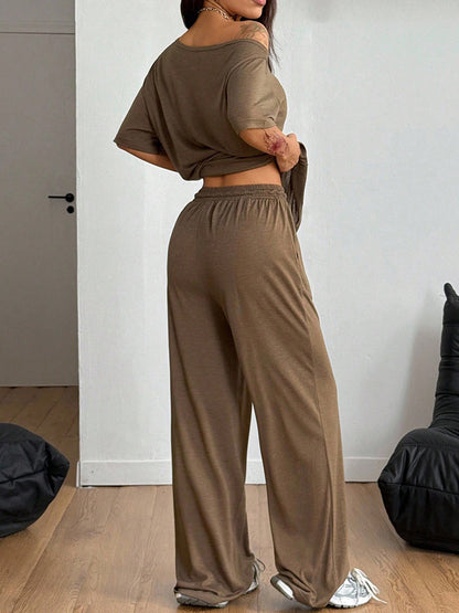 Women Off Shoulder Wide Leg Pants Casual Two Piece Set