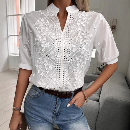 Women's Eyelet Embroidered V Neck White Blouse