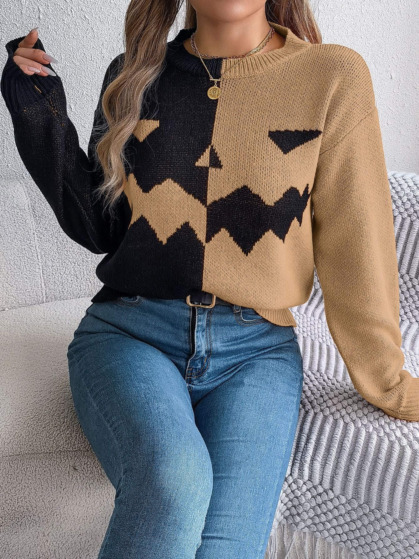 Ghost Pumpkin Colorblock Long Sleeve Sweater for Fall & Halloween