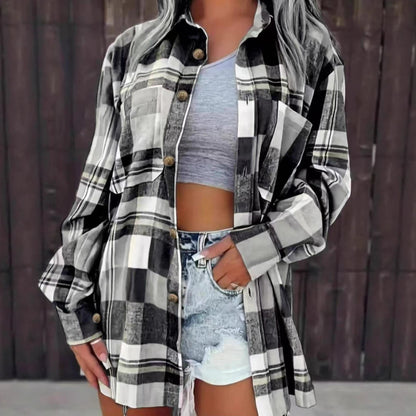 Womens Oversized Plaid Shacket Long Sleeve Button Down Top