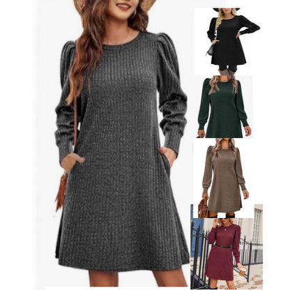 Women's Puff Sleeve Ribbed Knit Sweater Dress with Pockets
