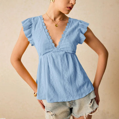 Eyelet Lace Flutter Sleeve V Neck Babydoll Blouse