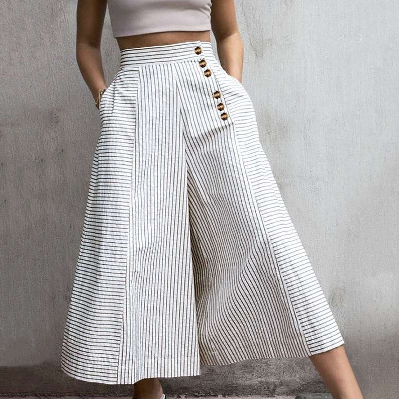 Women's Striped High Waist Wide Leg Pants Button Detail