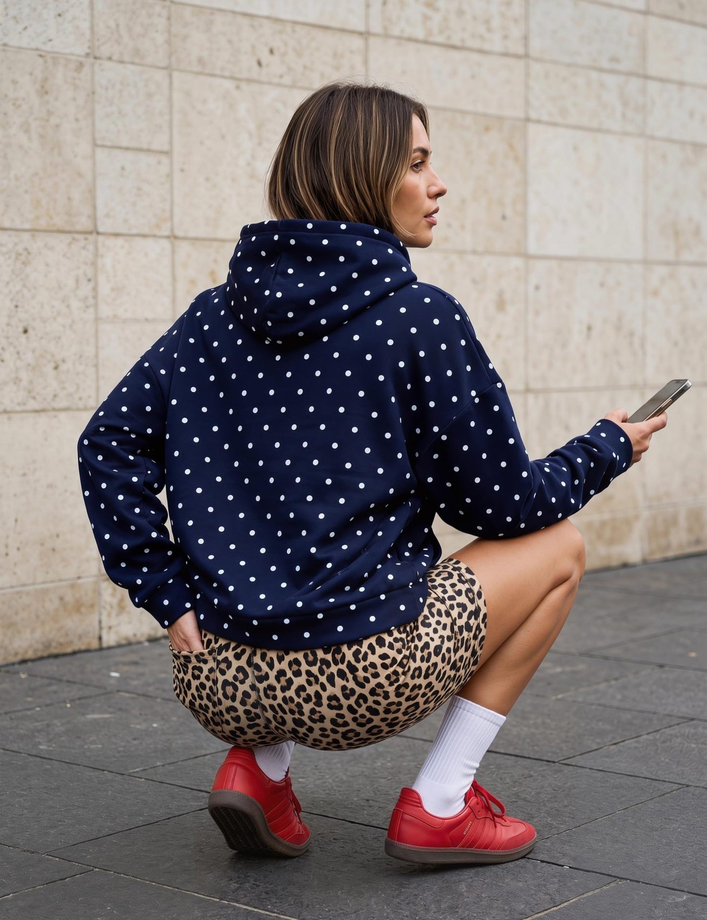 Polka Dot Hoodie Kangaroo Pocket Relaxed Fit Sweatshirt