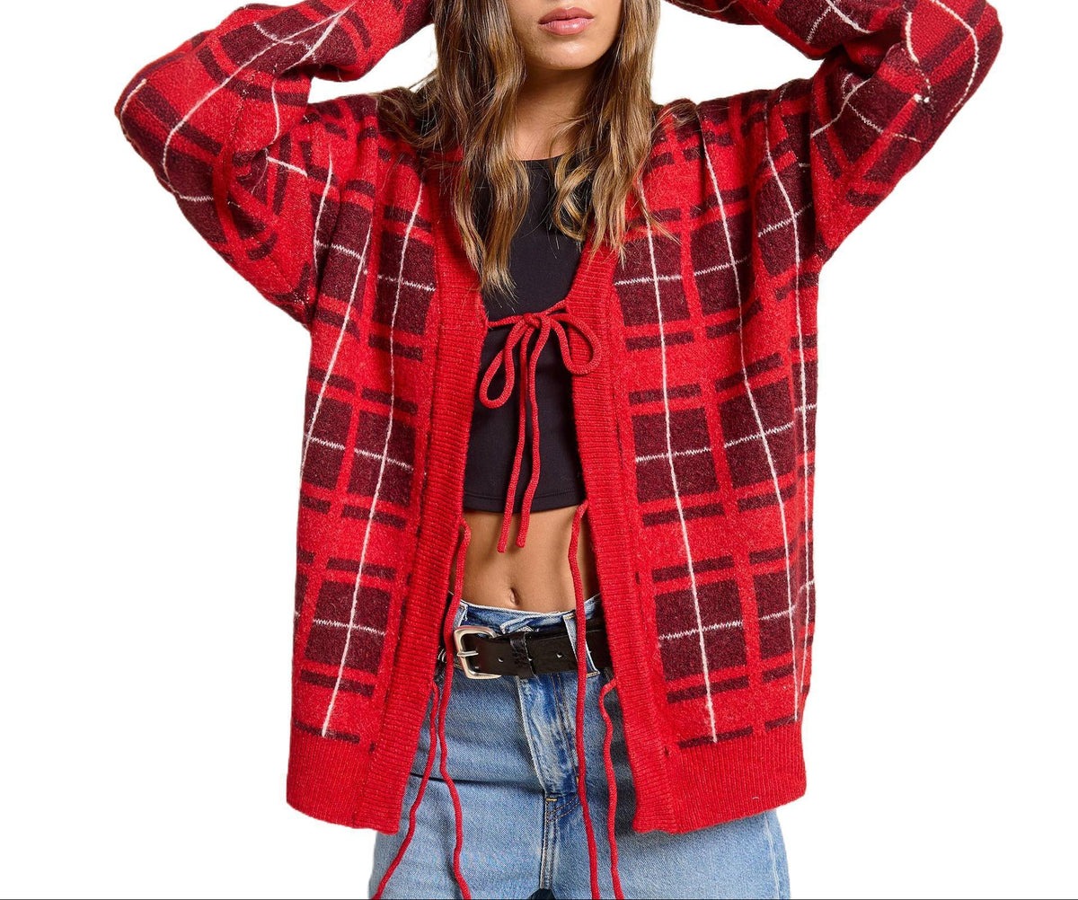 Women's Red Plaid Tie Front Knit Cardigan Sweater