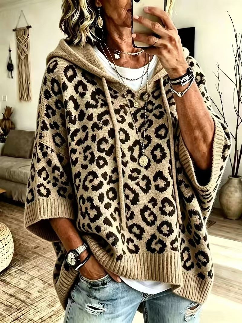 Oversized Leopard Print Hooded Knit Sweater Pullover