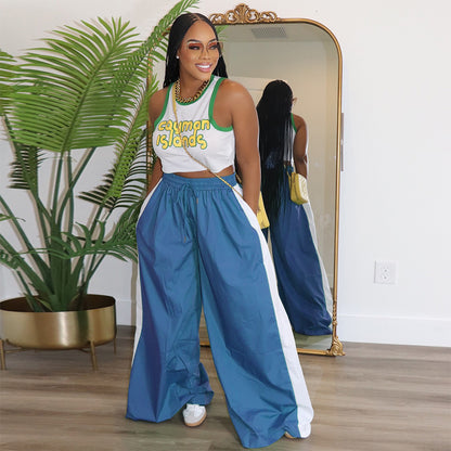 Women Sporty Color Block Wide Leg Pants Loose Side Stripe