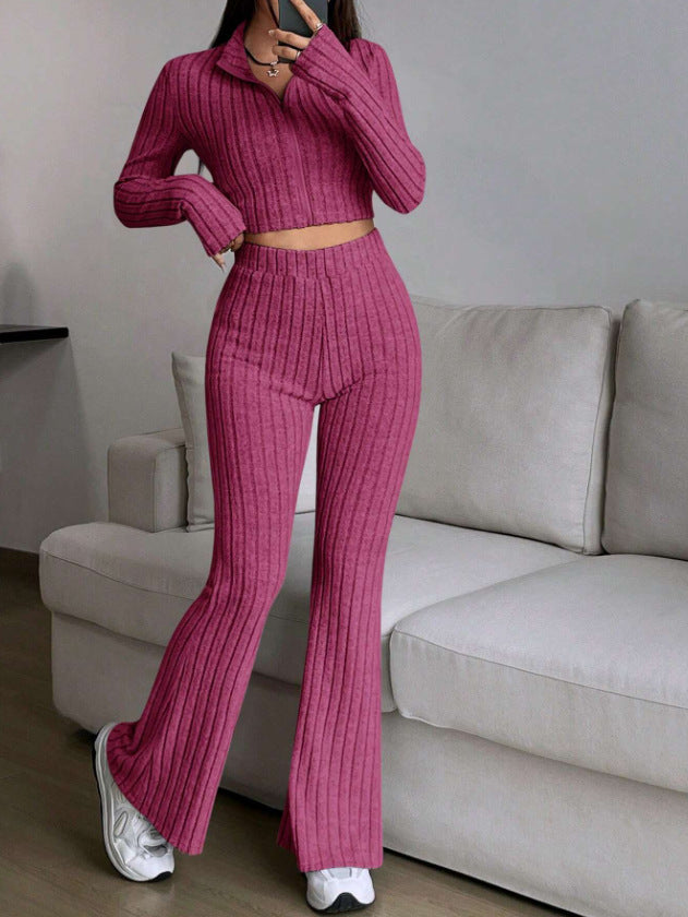 Women's Ribbed Zip-Up Crop Top Flare Pants Two Piece Set