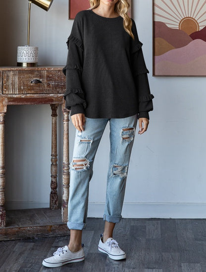 Lantern Sleeve Lace Round Neck Top