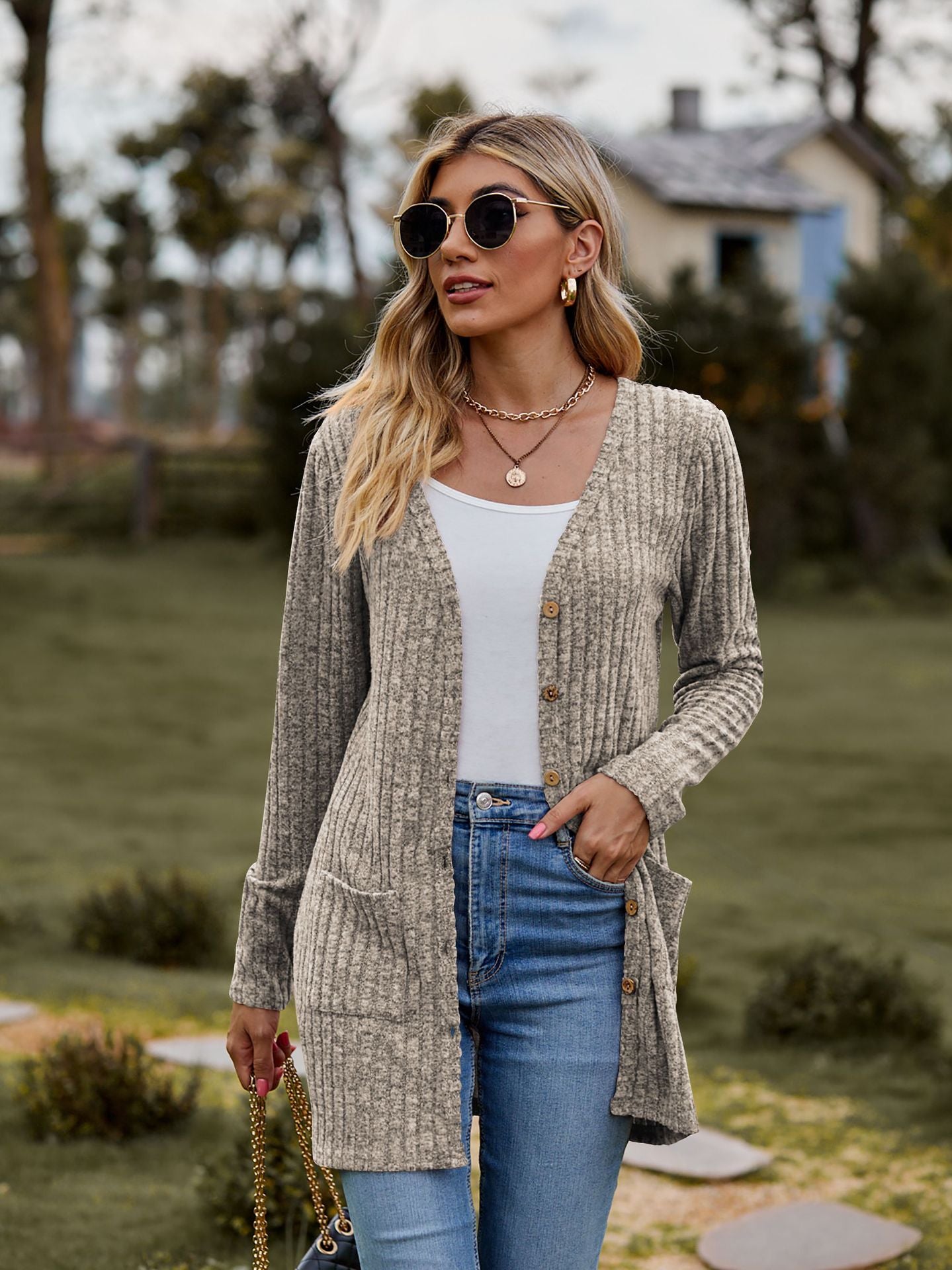 Ribbed Knit Cardigan Long Sleeve Button Pocket Sweater