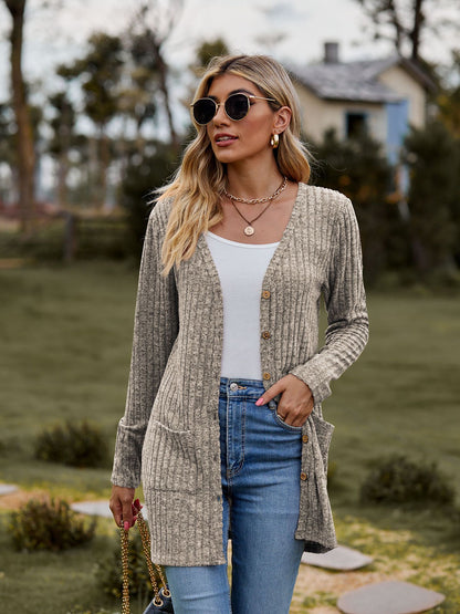 Ribbed Knit Cardigan Long Sleeve Button Pocket Sweater
