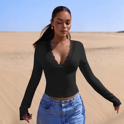 V-Neck Lace Trim Long Sleeve Sexy Slim Top for Women