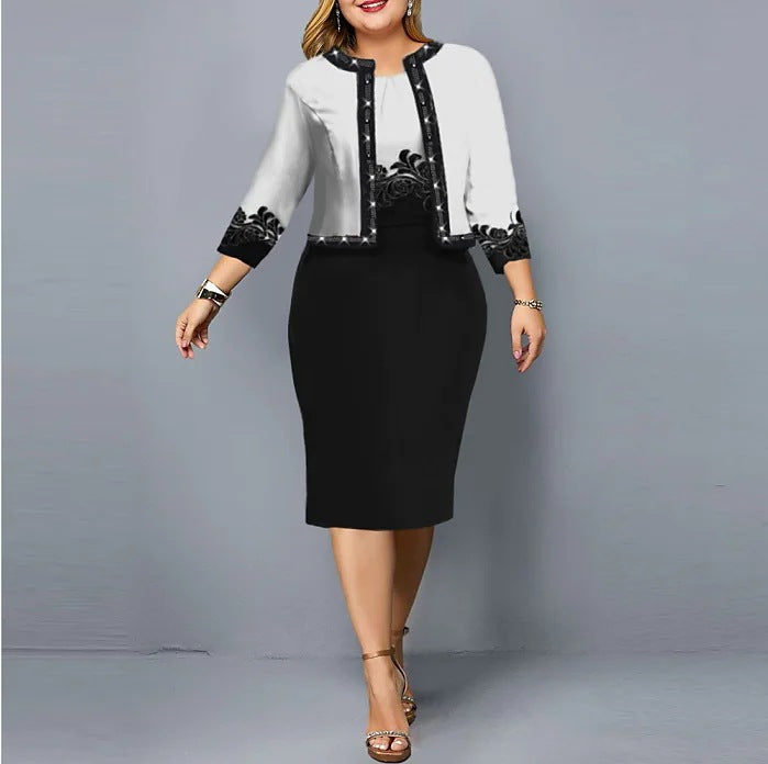 Plus Size Floral Jacket Bodycon Midi Dress Set