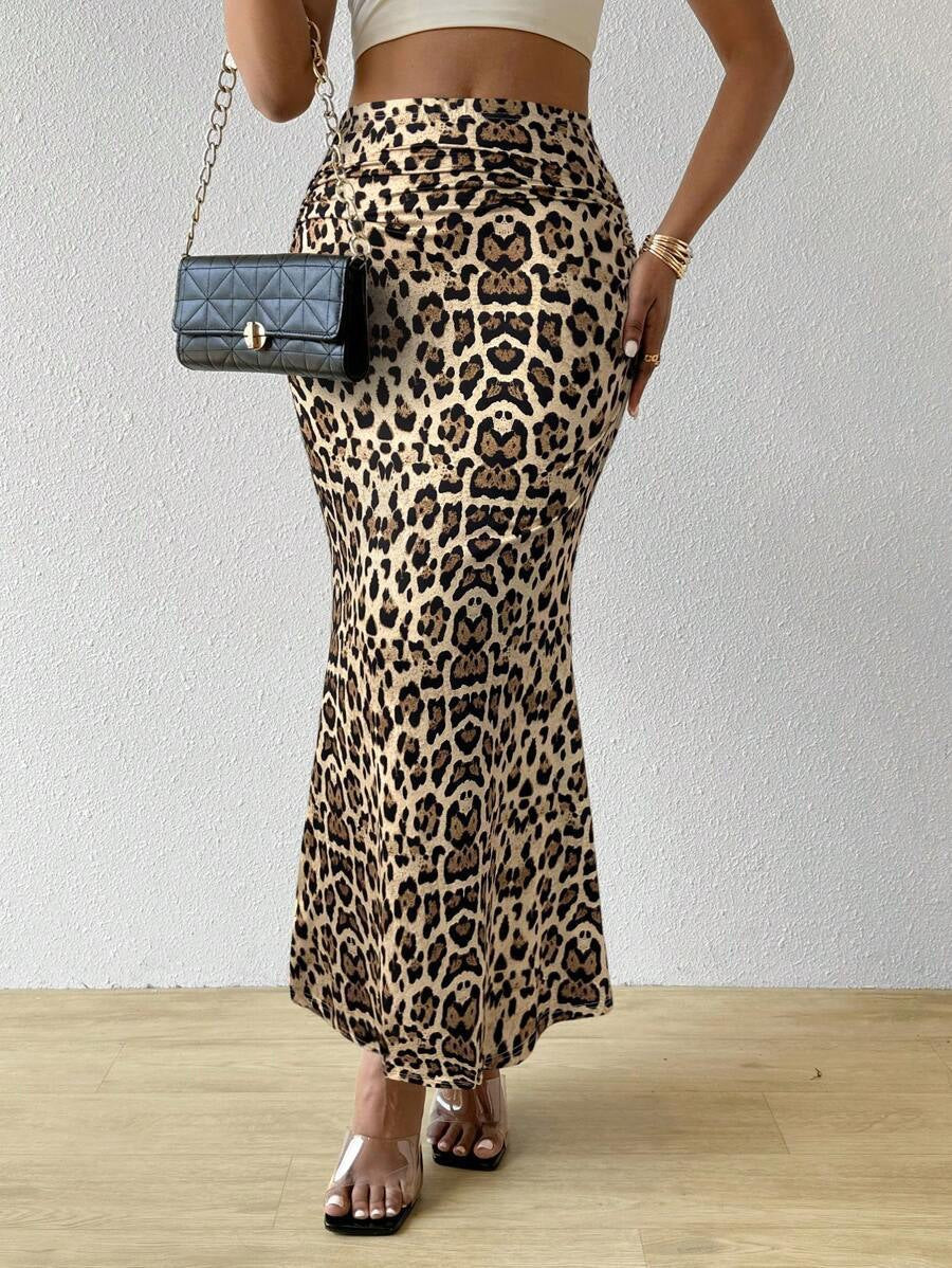 Zebra Print High Waist Ruched Bodycon Maxi Skirt