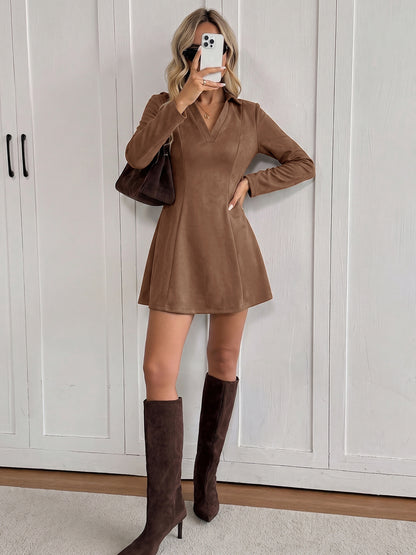 Faux Suede Collared Mini Dress Long Sleeve A-Line