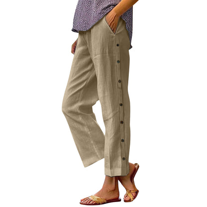 Women's Linen Blend Wide Leg Crop Pants Side Button