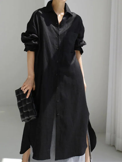 Women's Linen Shirt Dress Long Sleeve Button Down Maxi