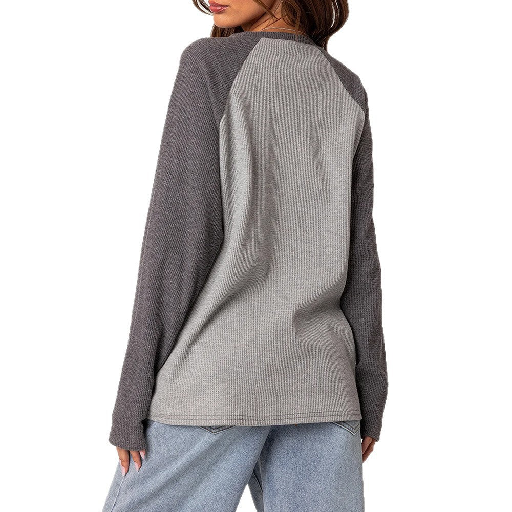 Color Block Waffle Knit Top Crew Neck Long Sleeve Tee