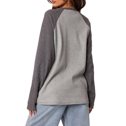 Color Block Waffle Knit Top Crew Neck Long Sleeve Tee
