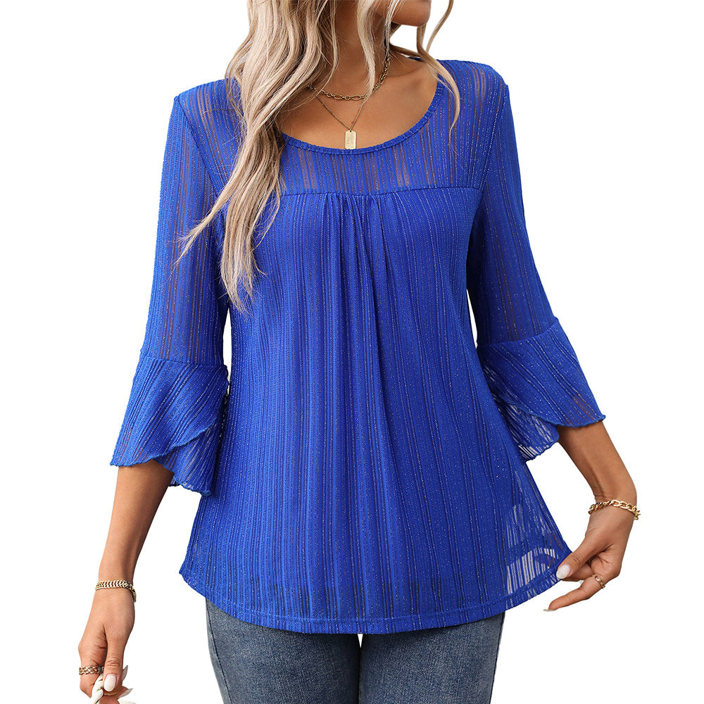 Elegant Round Neck Lotus Leaf Sleeve Mesh Top