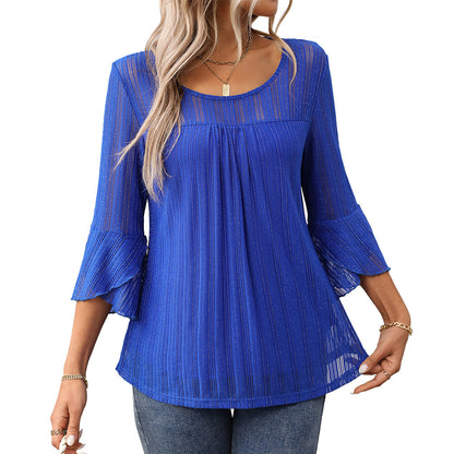 Elegant Round Neck Lotus Leaf Sleeve Mesh Top