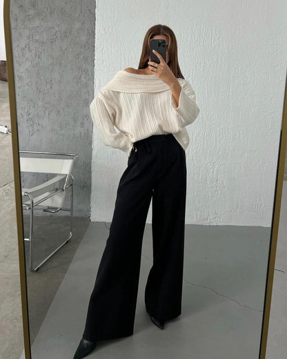 Womens Off Shoulder Bell Sleeve Sweater Oversized Knit Top