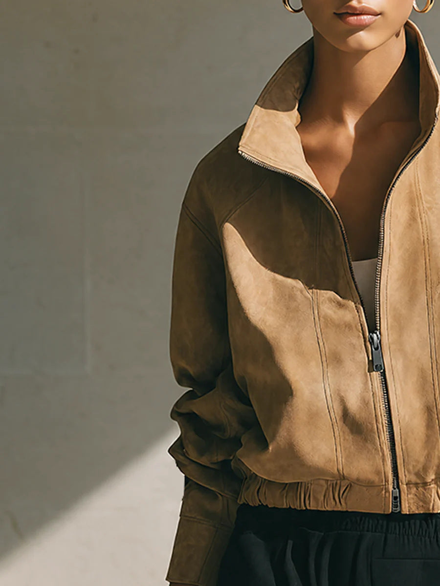 Women's Vintage Faux Suede Zip Up Bomber Jacket