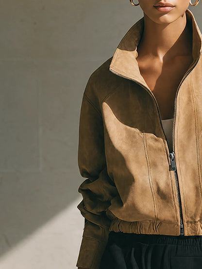 Women's Vintage Faux Suede Zip Up Bomber Jacket