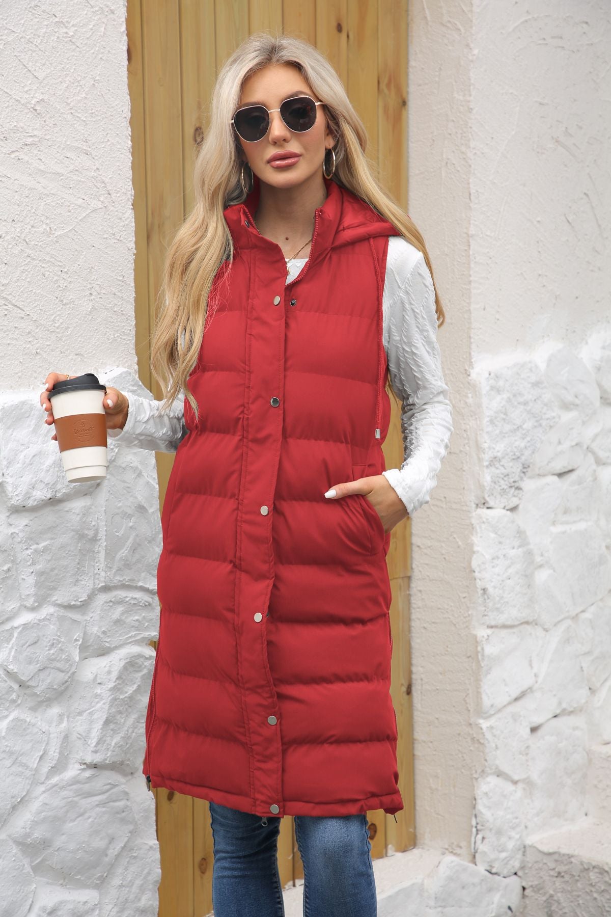 Women's Long Hooded Sleeveless Quilted Puffer Vest